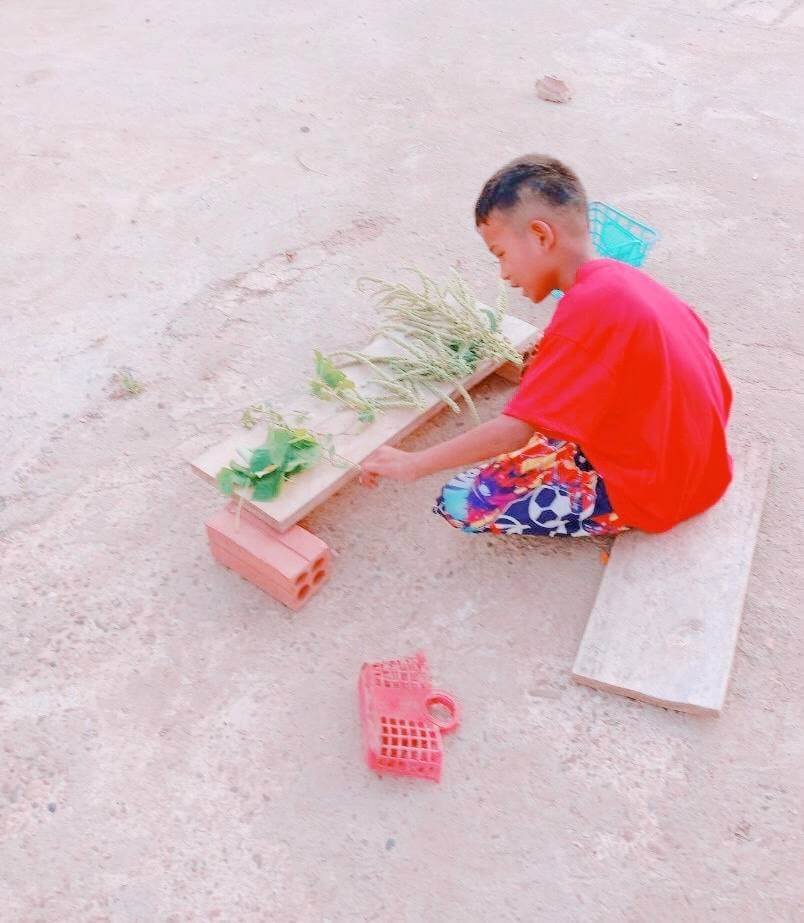 An 8-year-old boy sitting on a wooden plank, setting up a pretend market stall using bricks and green leaves.