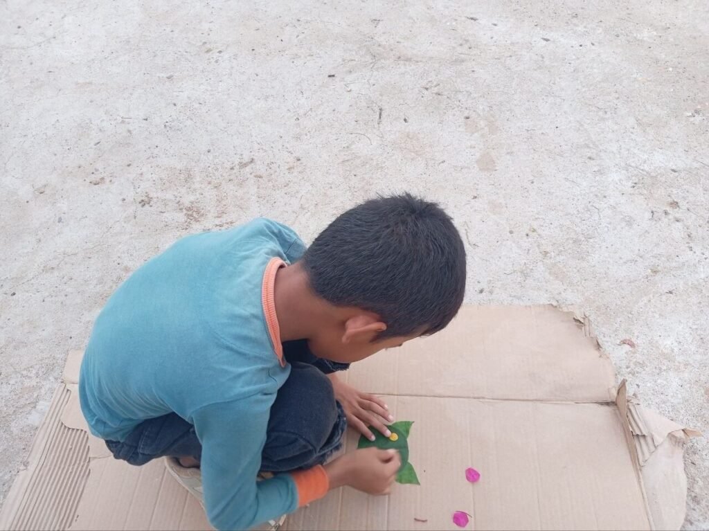 A young boy in a blue shirt crouching next to backyard bushes, picking green leaves and flowers for a craft project.
